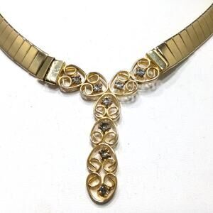 Vintage Mesh Link Choker Necklace, Gray Rhinestone Y Pendant, 16 Inches